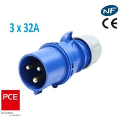 Fiche Mâle Monophasé 3 X 32A IP44 Marque PCE