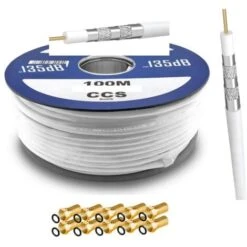 100 M Câble Coaxial TV - SAT Blanc, 5 Fois Blindé + 10 Fiches F Dorées (135db )