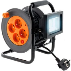 Enrouleur électrique 4 Prises 16A 2P+T Avec Projecteur LED 10W - Câble HO5VV-F 3G1 15m Avec Guide Câble - Zenitech